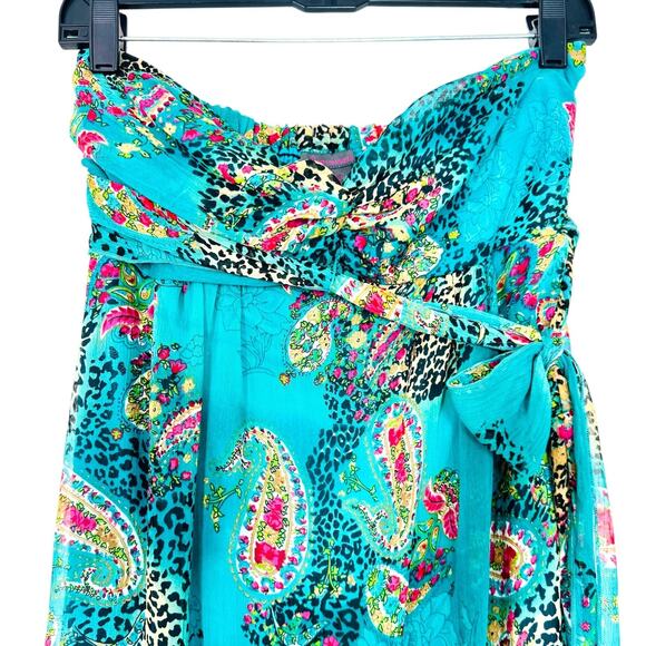 Sheer Strapless Maxi Dress Fire L Teal Pink Paisley Babydoll Fairycore Ethereal - Picture 3 of 9